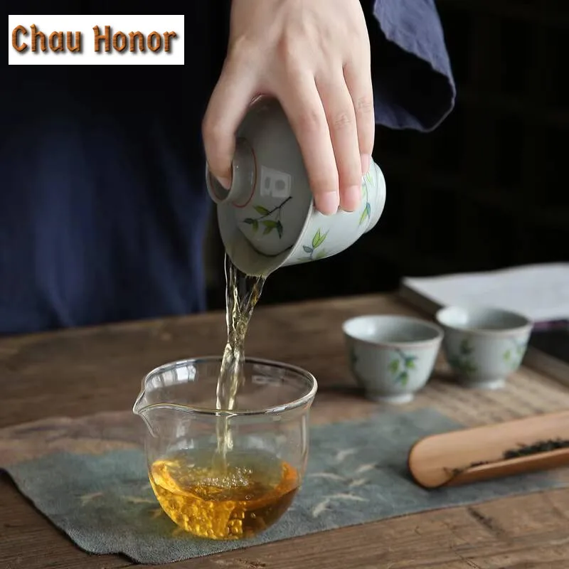 150ml Japanese Underglaze Color Hand-painted Bamboo Painting Tea Bowl Ceramic Cover Bowl Kungfu Teaset Customized Gift Tea Maker