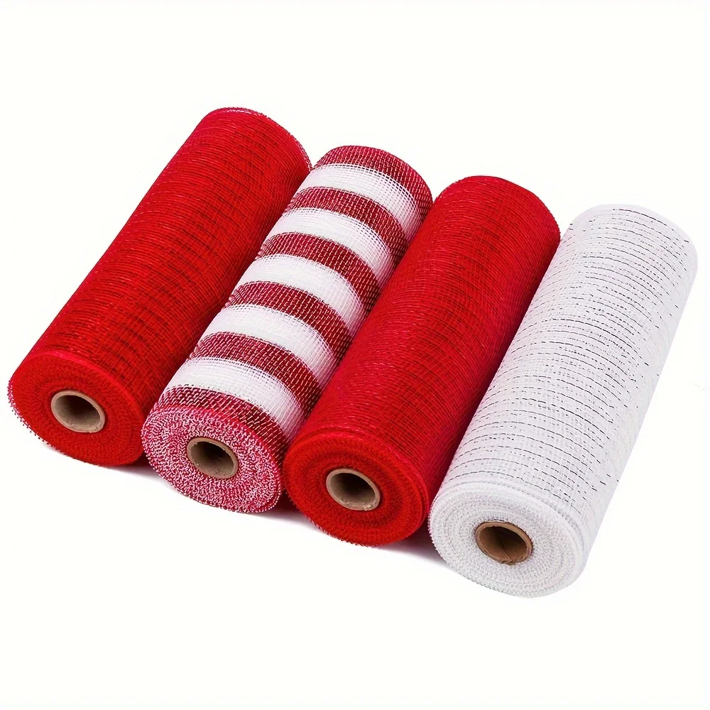 

4pcs Deco Mesh Ribbon - 10 inch x 30 feet Each Roll - Metallic Foil Red and White Rolls for Wreaths Swags and Decorating