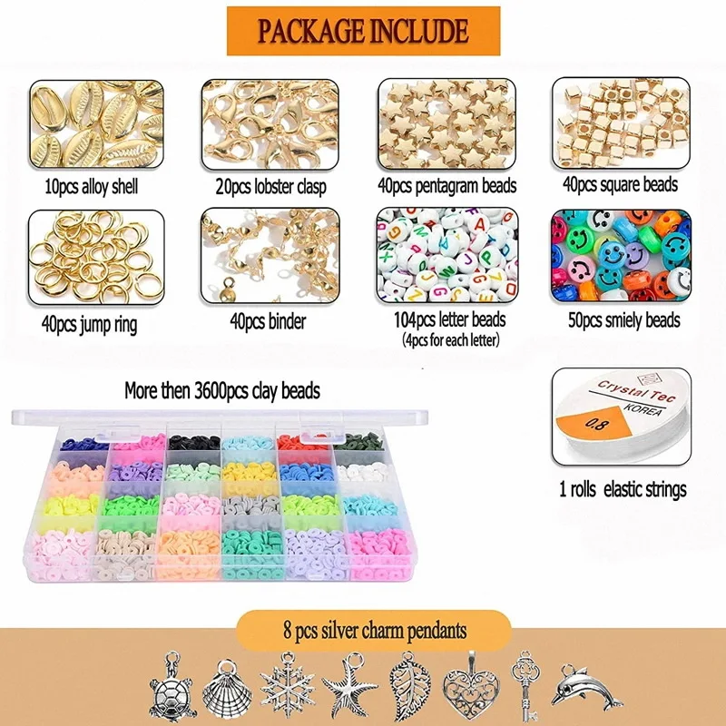 3600PCS Polymer Clay Bead Set 6MM Rainbow Color Flat Chip Bead For Boho  Bracelet Necklace Making Letter Bead Accessories Kit DIY