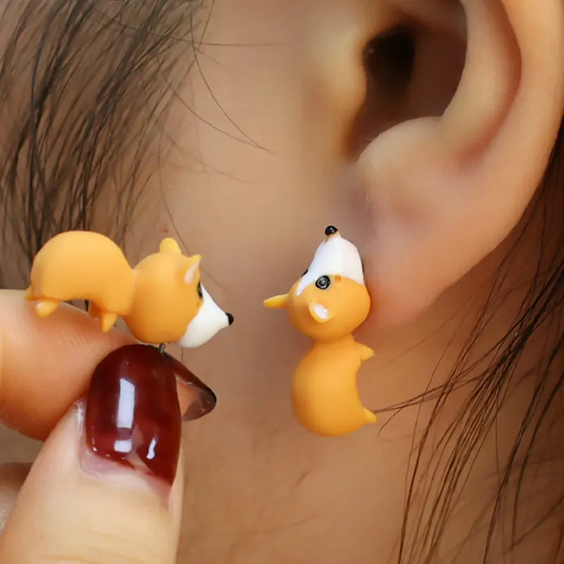 Fashion Cartoon Small Animal Dinosaur Shark Ear Stud Earrings For Women Puppy Spray Paint Cute Mini Jewelry Accessories Gift