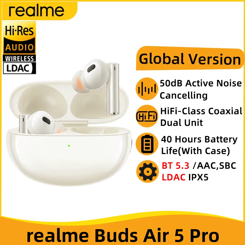 Global Version realme Buds Air 5 Pro Wireless Earphone 50dB Active Noise Cancelling LDAC Bluetooth 5.3 Wireless Headphone HiFi