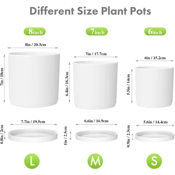 8 7 6 inch Plant Pots Set of 3 Cylinder Flower Pots for Outdoor Indoor Plants Drative Plastic Planters with Drainage Holes and 2