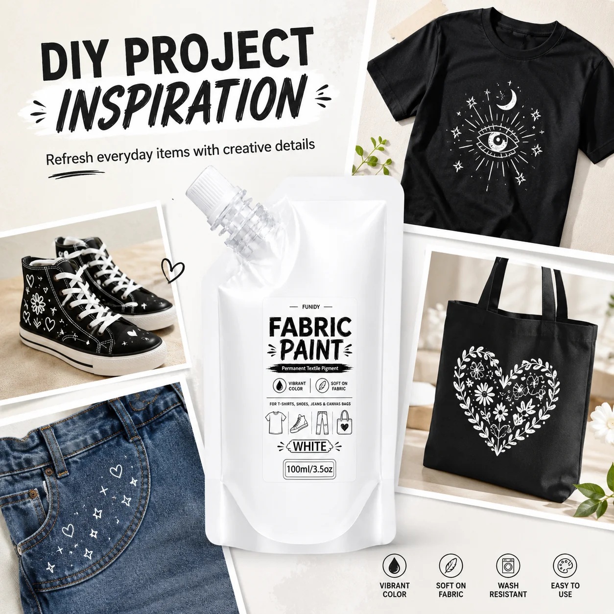 White Fabric Painting Set - Permanent Paint for Clothes, Upholstery, Shoes & Bags