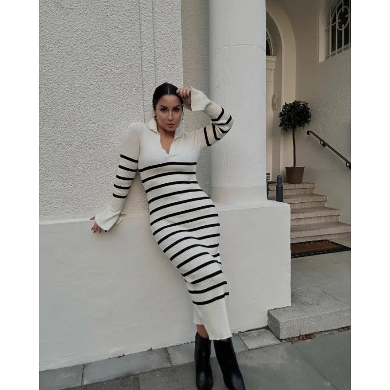 Tossy Striped V-Neck Knit Maxi Dress For Women Ribbed