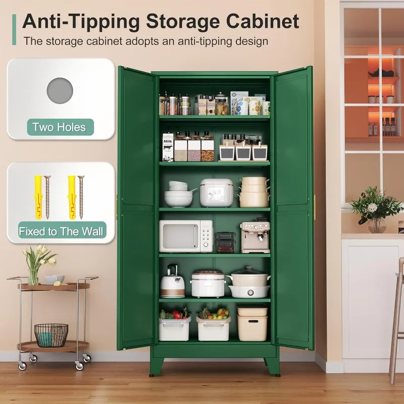 Metal Pantry Cabinet with 2 Doors and 5 Adjustable Shelves, 75" Kitchen Storage cabinets with Gold Handles, Versatile Storage