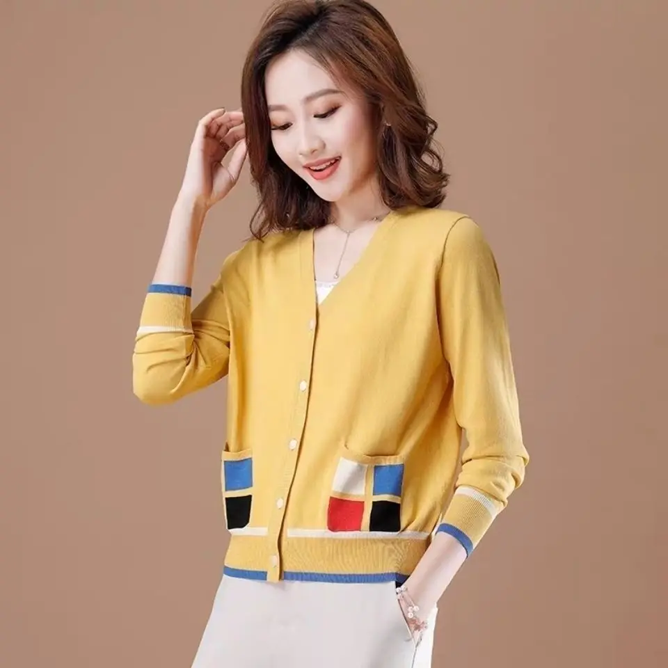 오피스 레이디 스웨터 단색 상의, 얇은 빈티지 코트, 캐주얼 단색 버튼, 긴팔 가디건, 가을 겨울