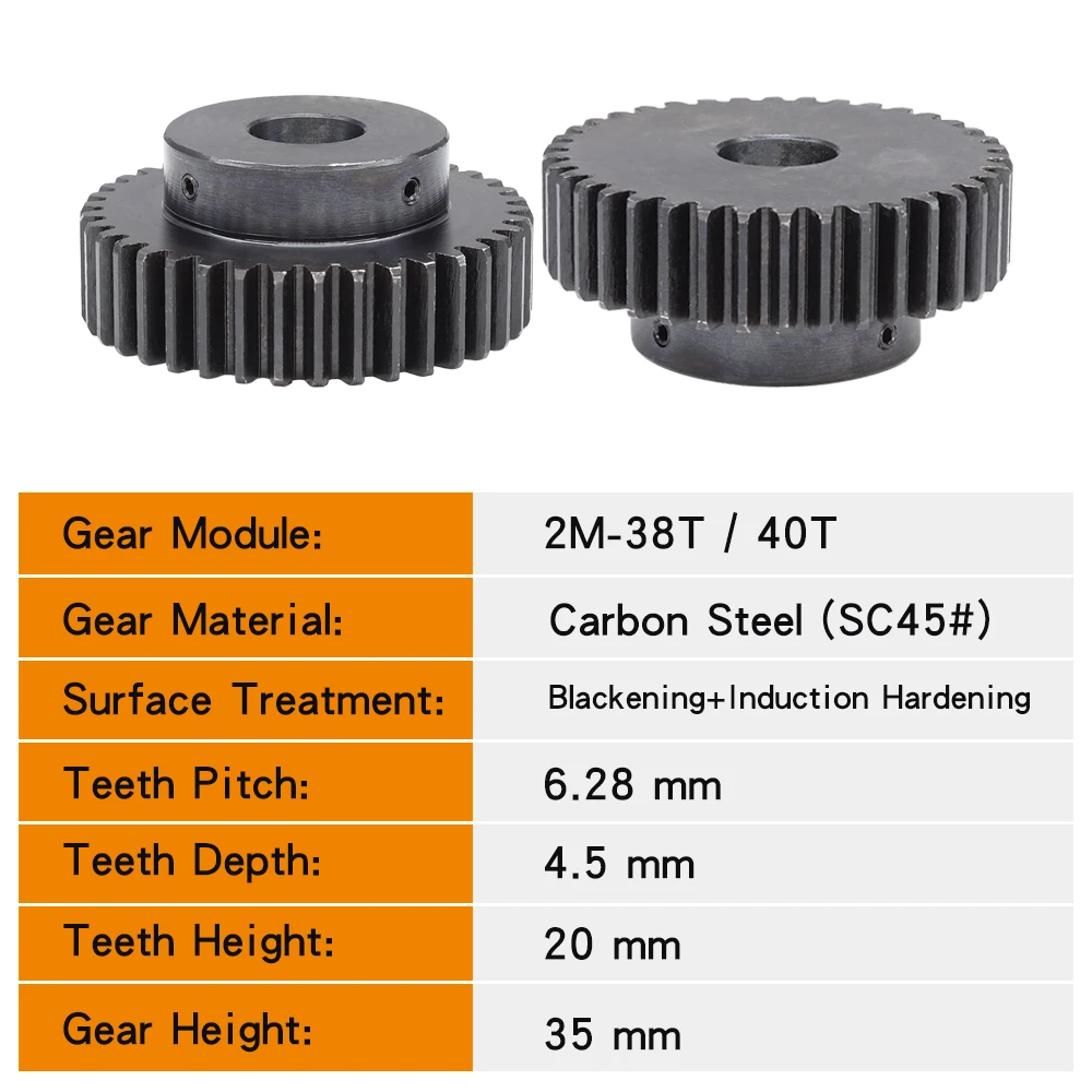 Motor Gear 2M-38T/40T Bore Size 10/12/14/15/16/17/19/20/25 mm Gear Wheel Blackening SC45#Carbon Steel Teeth Height 20mm