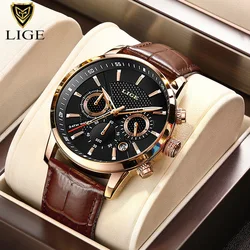 Luxury Brown Leather Men's Watch - Fashionable Waterproof Quartz Chronograph with Luminous Features (Gold black)