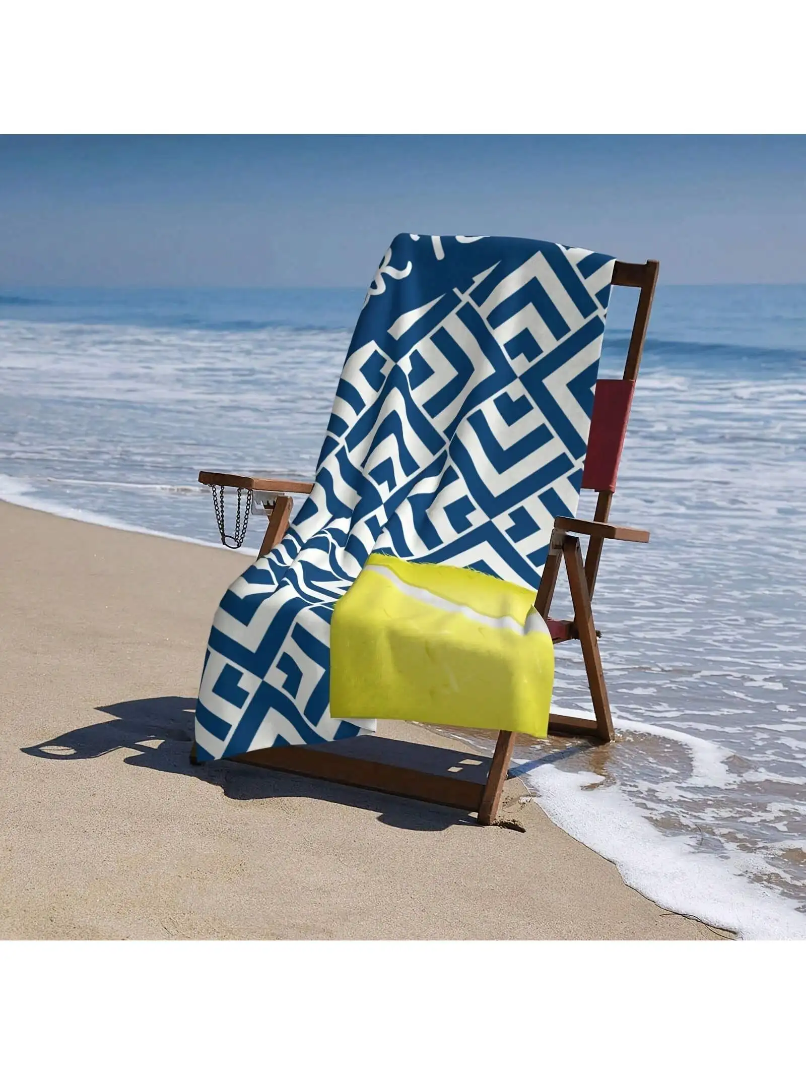 1pc Personalized Name Custom Beach Velvet Towel With Tennis Print .Ultra-Soft, Quick-Dry, Sand-Free Microfiber - Blue & White