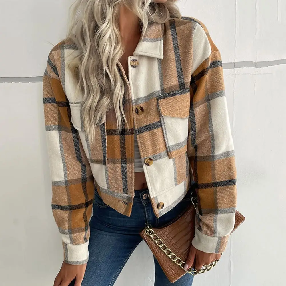 fashion casual top coat women jacket single breasted long sleeve coat stitching pocket jacket women plaid single breasted coat Women Thick Coat Vintage Plaid Print Women's Jacket with Lapel Pockets for Fall Winter Long Sleeve Single-breasted Coat in Color