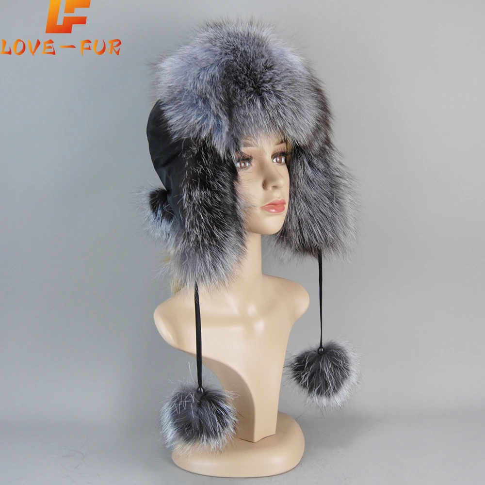 2024 Outdoor Women Natural Fox Fur Russian Ushanka Hats Winter Thick Warm Ears Fashion Bomber Hat Lady Genuine Real Fox Fur Cap