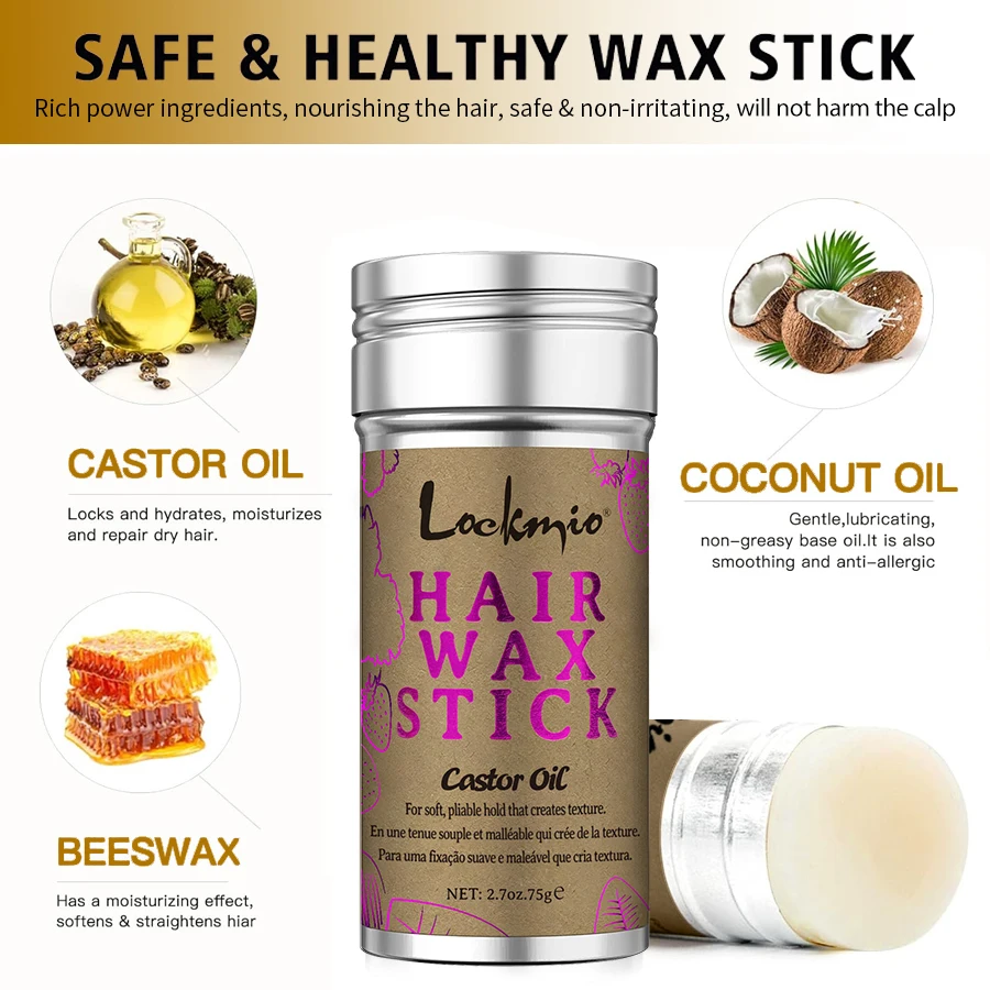 Styling Hair Wax Stick High Shine Smooth Hair & Wig Solid Wax Stick Natural Long-Lasting Anti-Frizz Pomade Cream 3comb Kit