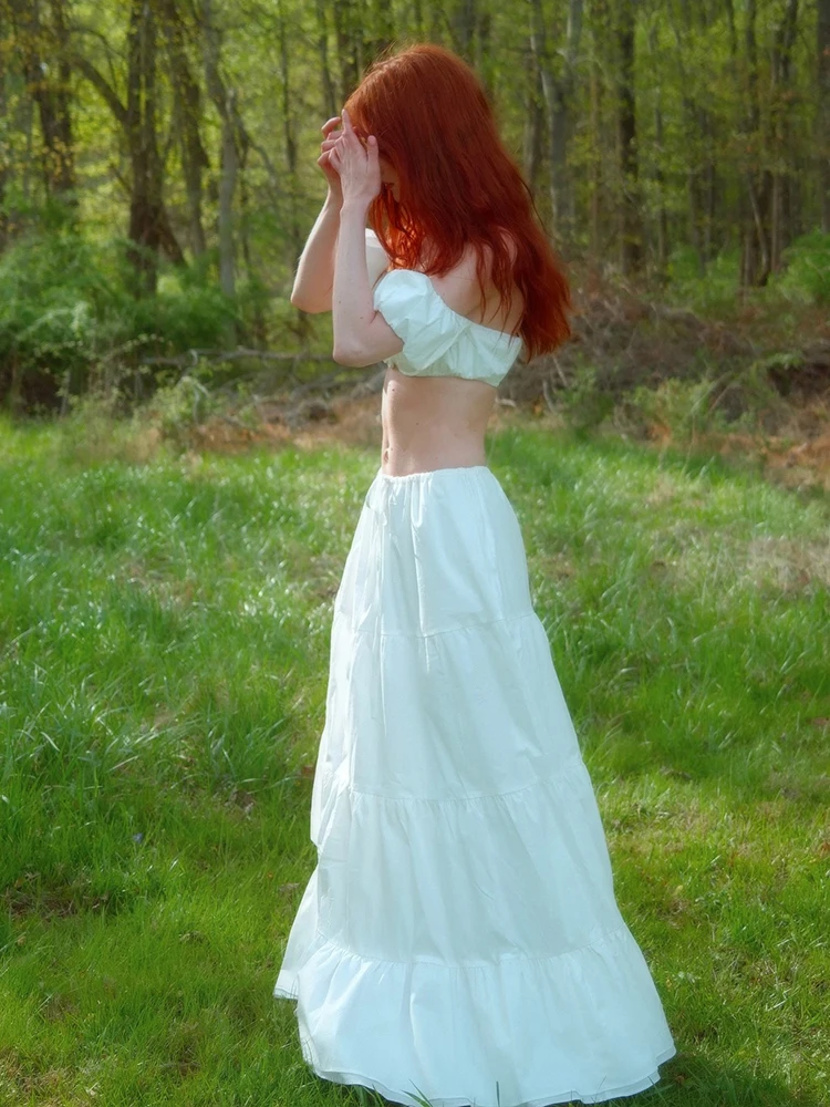 Nibber Sweet Solid 2-Piece Set Women Folds 3d Flowers Puff Sleeves One Shoulder Mini Tops +Lace-Up Skirts Matching Fashion Suits