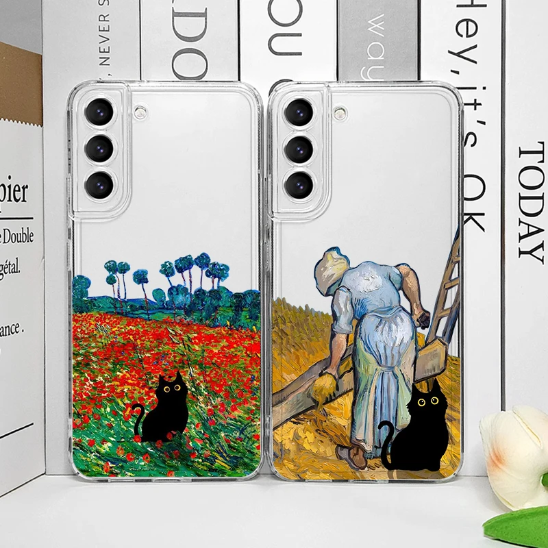 Vintage Oil Painting Black Cat Scenery Clear Phone Case
