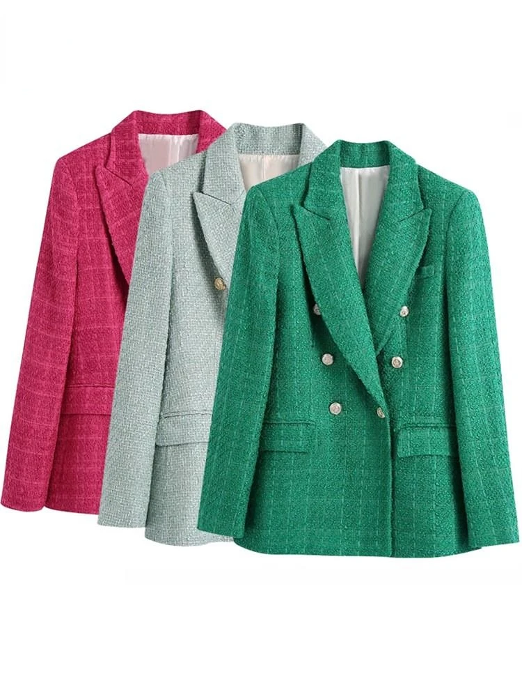 

2023 Spring Women Traf Jacket Ornate Button Tweed Woolen Coats Female Casual Thick Green Blazers Blue Outerwear