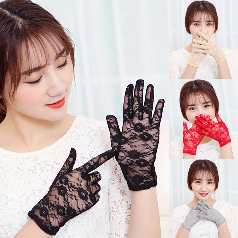 

Fashion Sexy Summer Female Full Finger Sunscreen Short Lace Gloves Women Driving Flower Pattern Sun Anti UV Black Gloves