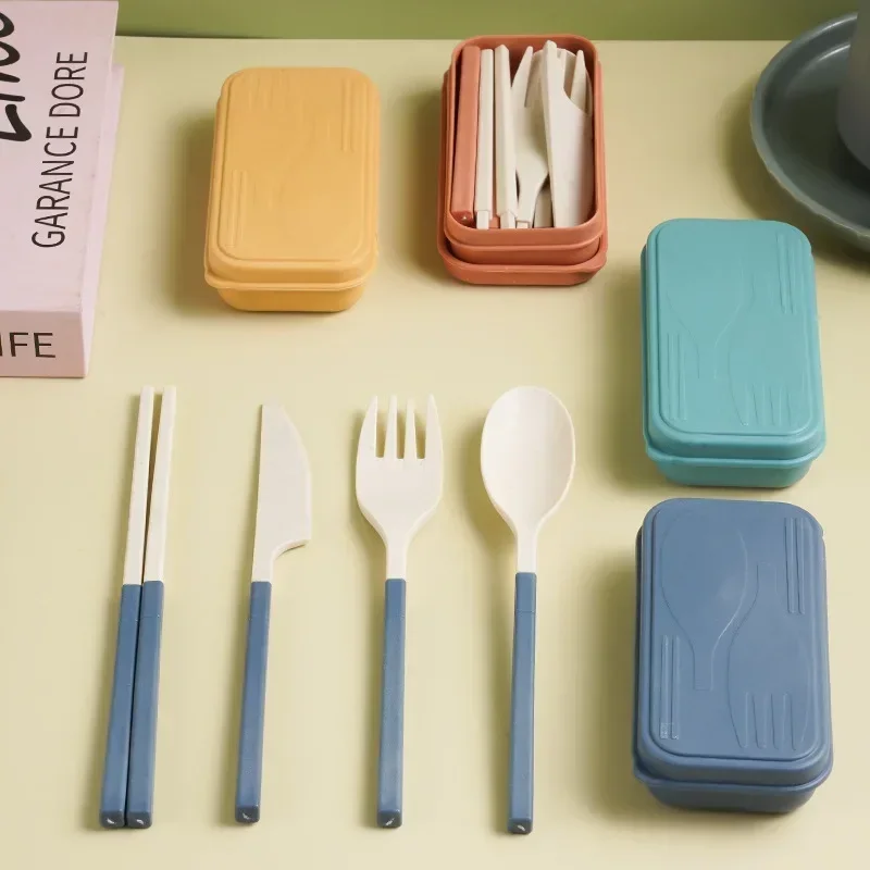 Wheat Straw Cutlery Students Spoons Forks Chopsticks With Box Tableware Travel Portable Travel Detachable Kitchen Accessories