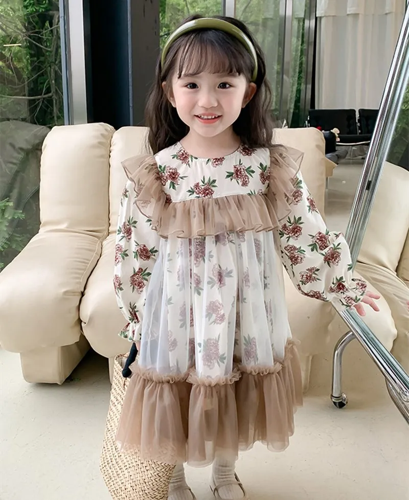 

kids clothes Long sleeved retro floral print dress mesh stitching loose fitting girls' dress