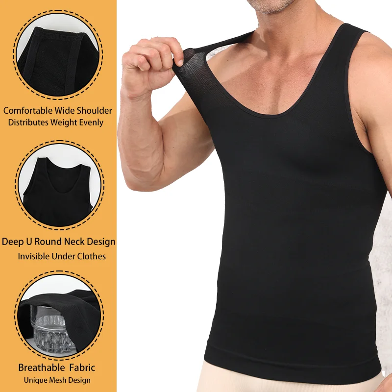Mens Slimming Shapewear Sleeveless Compression Shirt Round Neck Seamless Waist Trainer Tank Top Belly Control Fitness Workout