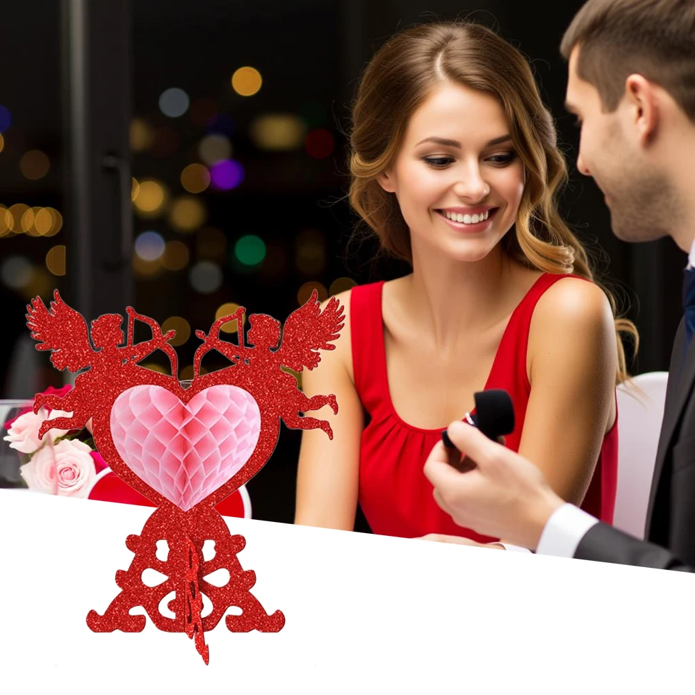 Sweet and Romantic 4-Piece Set of Shiny Angel Heart Honeycomb Desktop 3D Ornaments for Valentine's Day Confession, Engagement, Wedding Celebration, Banquet, Wedding Room DIY Decoration