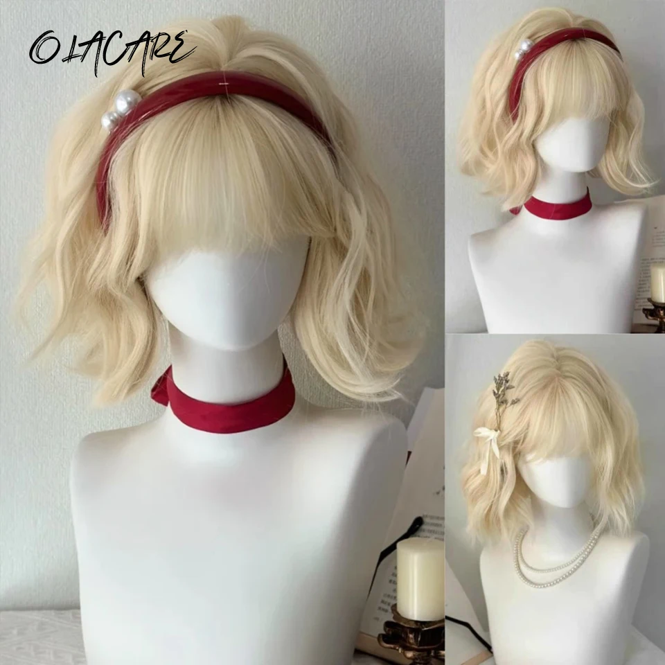 White Synthetic Curly Bob Wig with Bangs for Women Cosplay