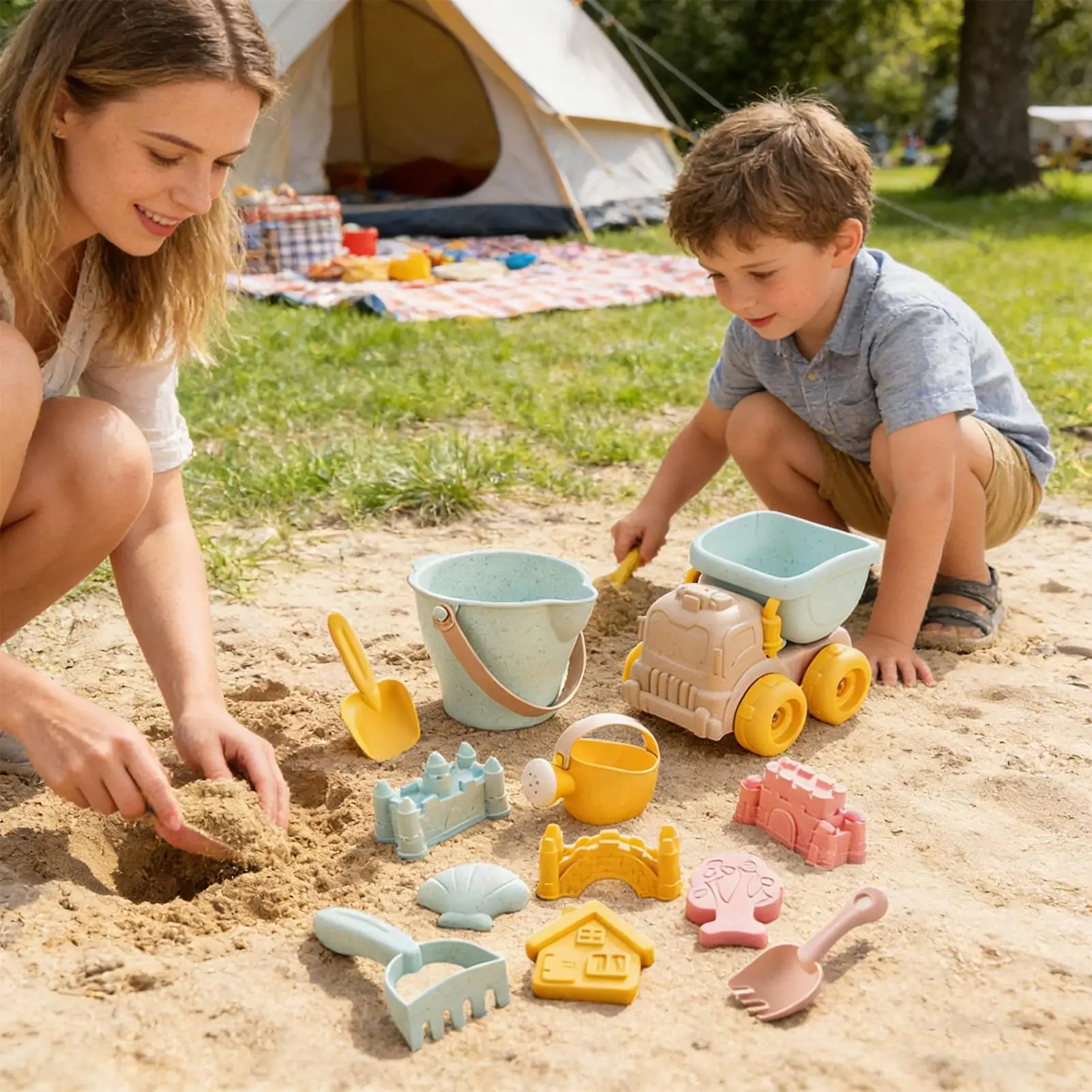 Divertente set da gioco portatile per esterni con paletta e secchiello, set da spiaggia per bambini, castello di sabbia, giocattoli per il parco giochi in giardino_voghion.com