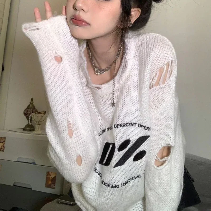 

DAYIFUN Women Ripped Sweater Y2k Vintage White Jumpers Oversized Gothic Knitted Pullovers Kpop Harajuku Korean Fashion Knitwear