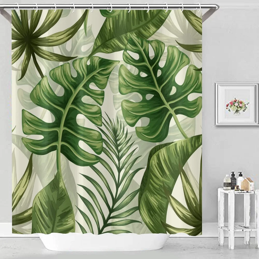 

Tropical Plants Shower Curtain Leaves Jungle Palm Tree Banana Leaf Print Waterproof Fabric Bath Curtain with Hook Bathroom Decor