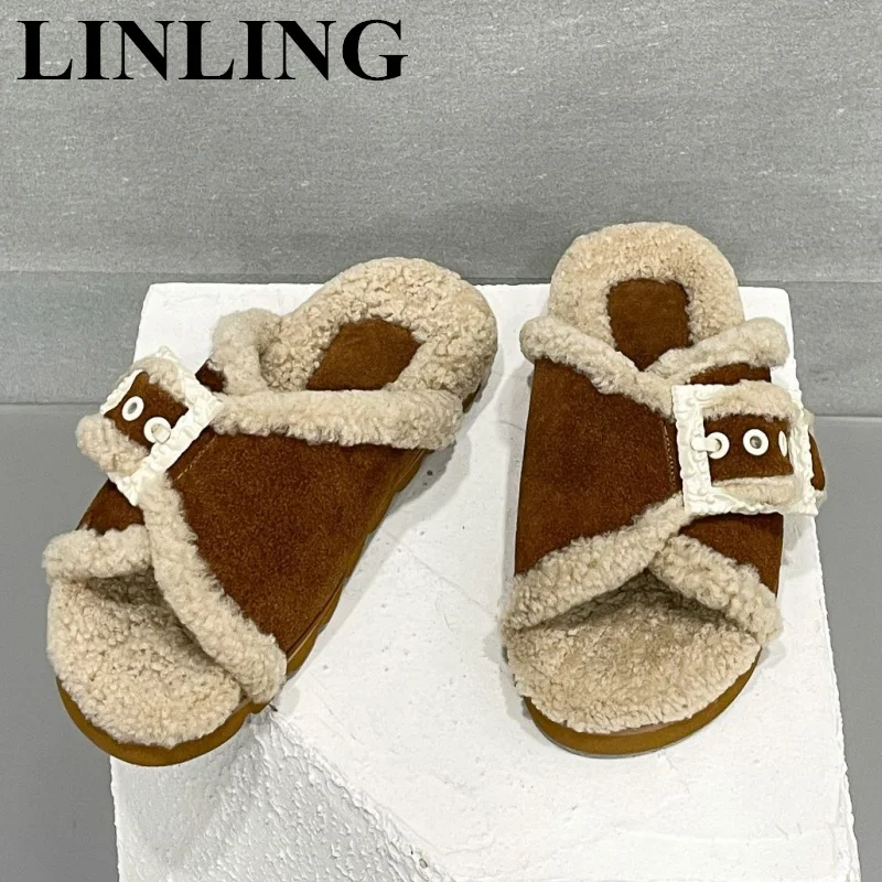 

2023 Winter Warm Fur Slippers Women Luxury Designer Buckle Plush Home Cotton Shoes Indoor Flat Heel Fluffy Slippers Wool Slides