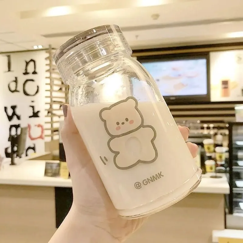 450ml Cute Cartoon Bear Glass Water Bottle Thick Heat Resistance Drinking Bottles Milk Coffee Tumblers for Women Student