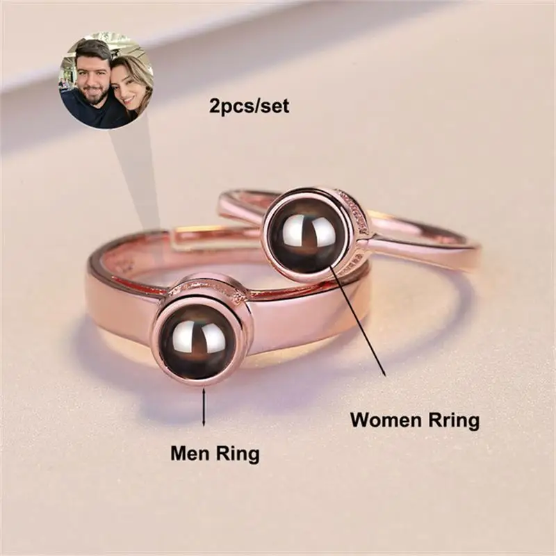 Customized Photo Projection Stainless Steel Rings Adjustable Couple Ring For Anniversary Gift Valentine's Day Gifts 2Pcs/Set