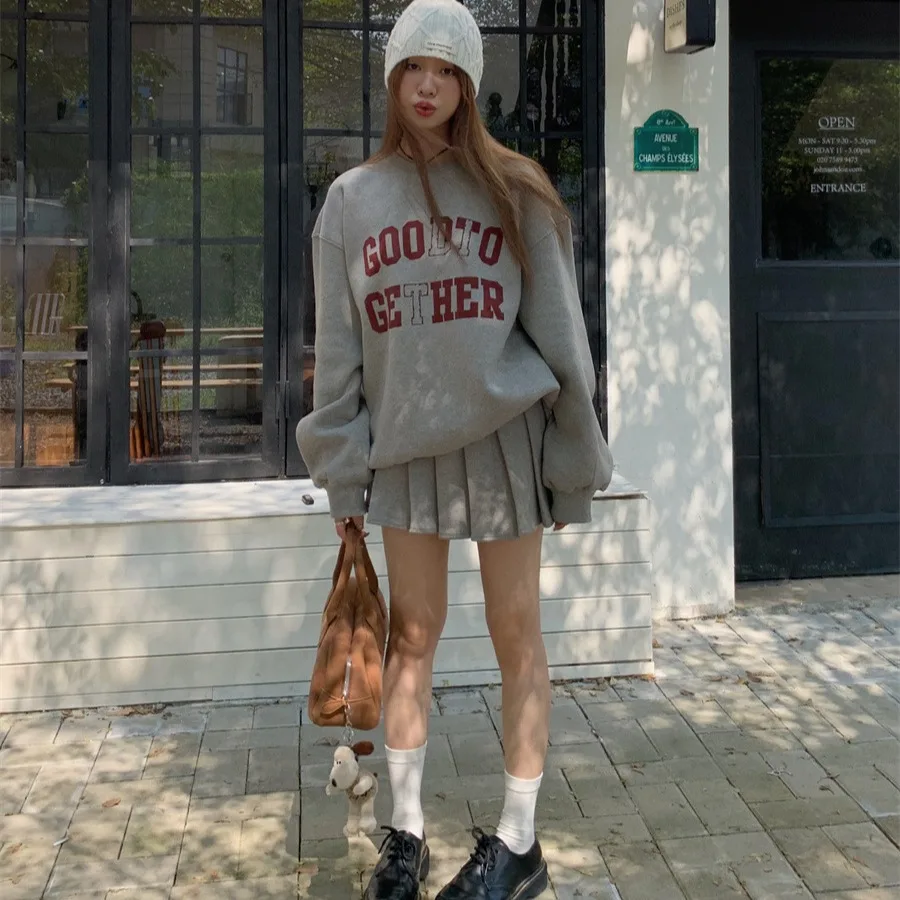

Autumn And Winter Age Reduction Vintage Color Letter Printing Plus Fleece Hoodie Pleated Skirt Two-Piece Set Of Preppy Style 229