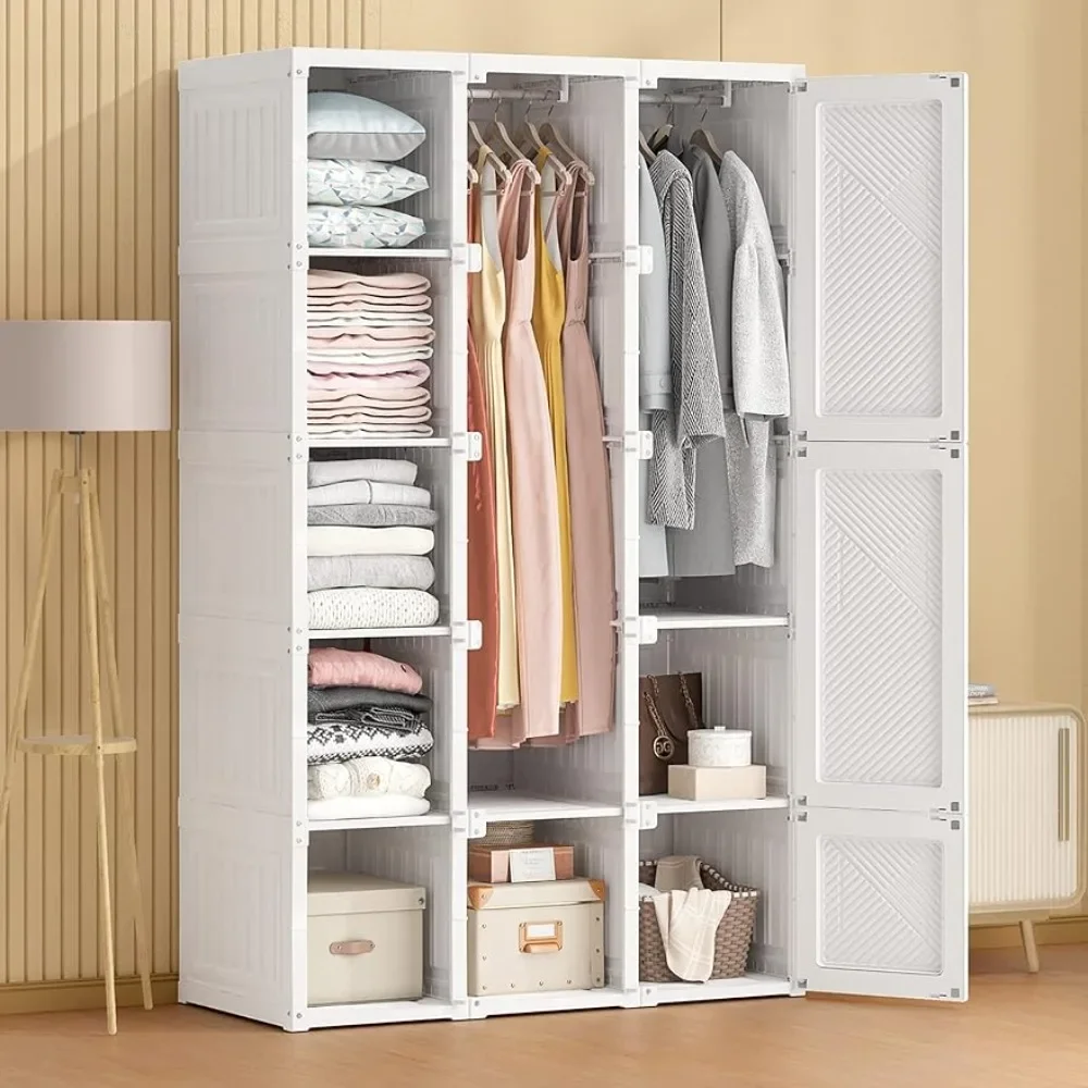 

Portable Closet Clothes Wardrobe Plastic Bedroom Armoire 14"x20" Depth Cube Storage Organizer with Hanging Rod ,Doors,15 Cubes