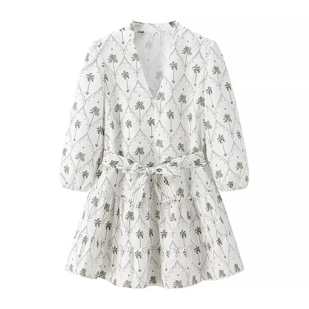 

BSK&TRAF Women's 2024 Summer New V-neck Print Decorated Waist Bow Decorated Three-quarter Sleeve Dress 5216047