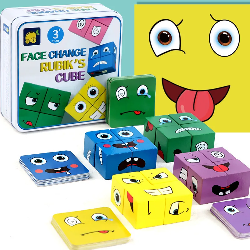 

Kids Face Change Game Toy Expression Puzzle Building Blocks Montessori Cube Table Game Children Wooden Educational Learn Emotion