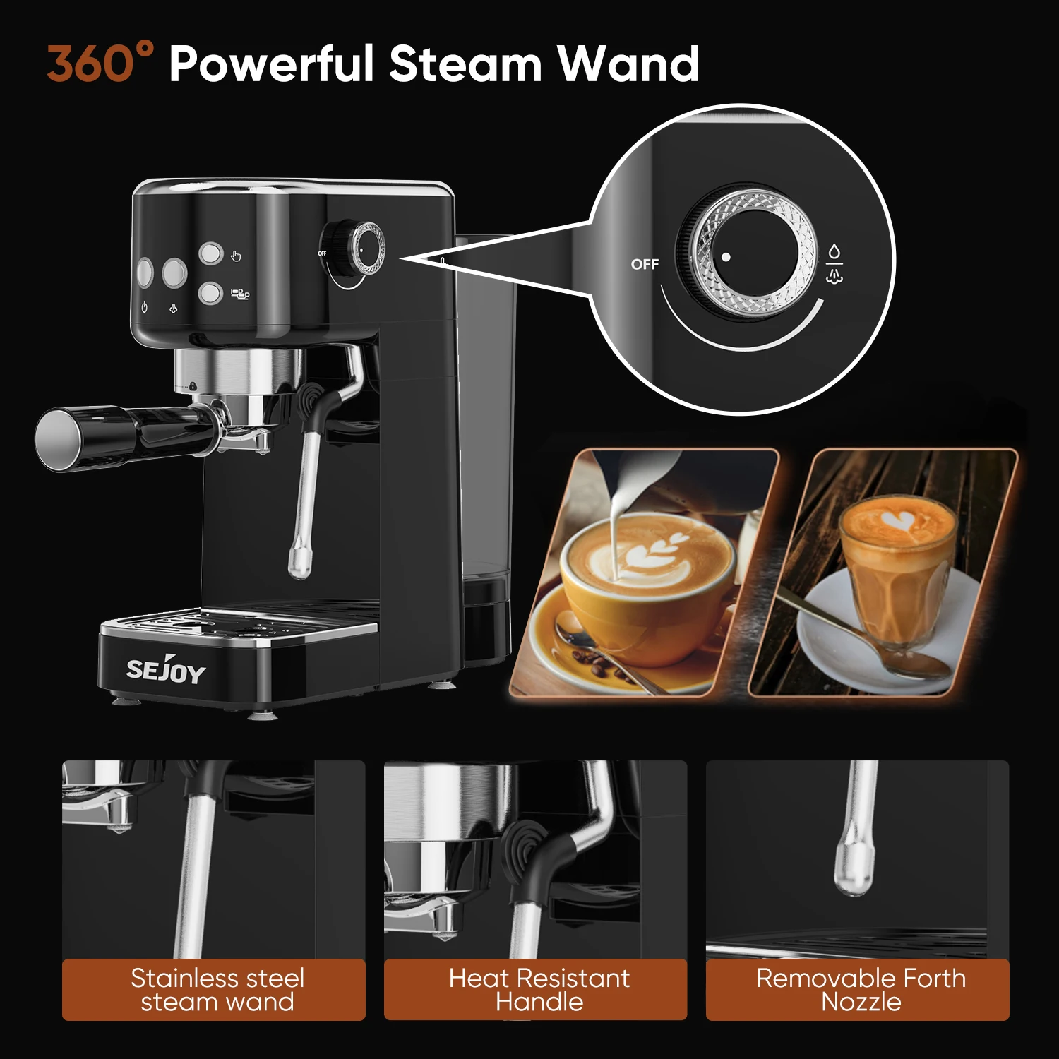 Sejoy 110V Espresso Coffee Machine 2in1 Semi-automatic Concentrated Ground Coffee Cafeteria 20Bar for Milk Foam Household Office 5
