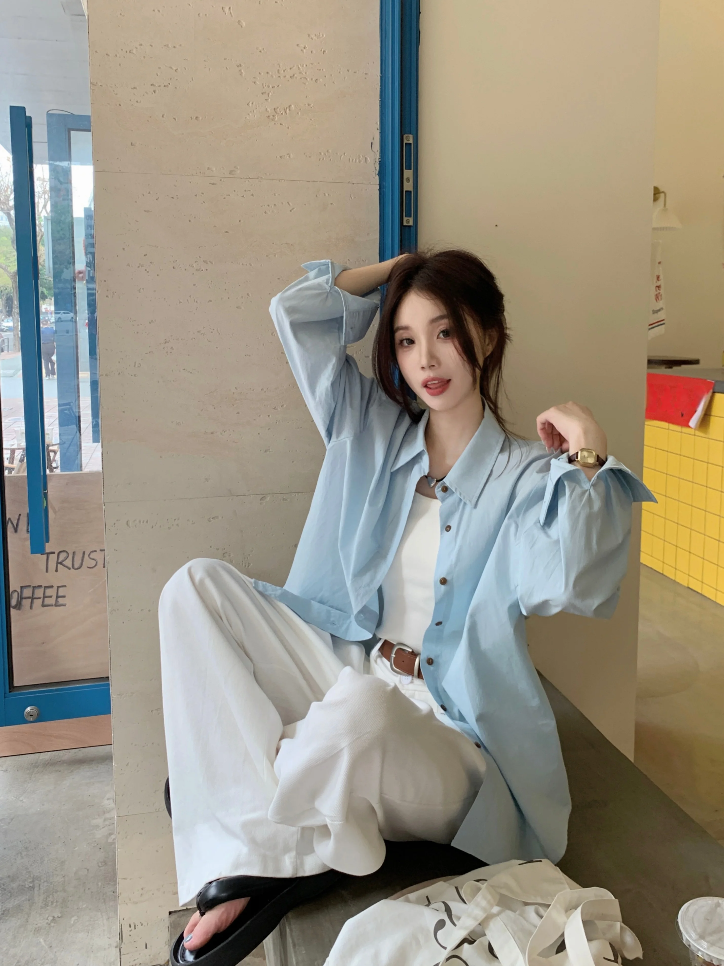 여름 여성 옷깃 캐주얼 긴 소매 셔츠 루즈핏 심플 다용도 탑 와이드 레그 팬츠 2 피스 세트 패셔너블 다용도