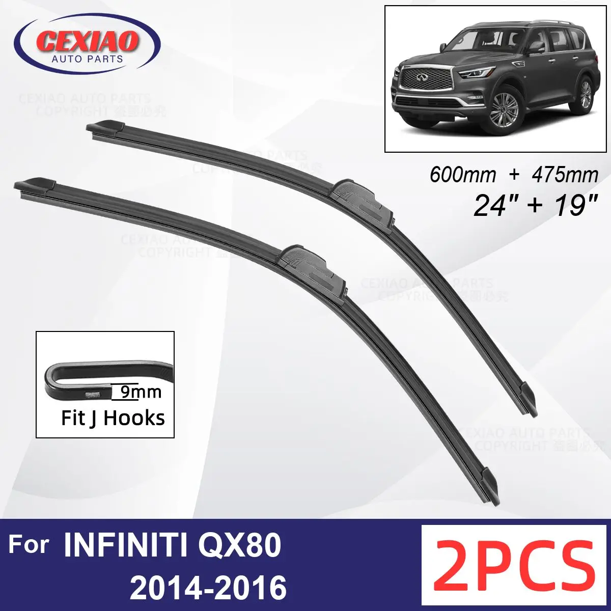 

Car Wiper For INFINITI QX80 2014-2016 Front Wiper Blades Soft Rubber Windscreen Wipers Auto Windshield 24"+19" 600mm + 475mm