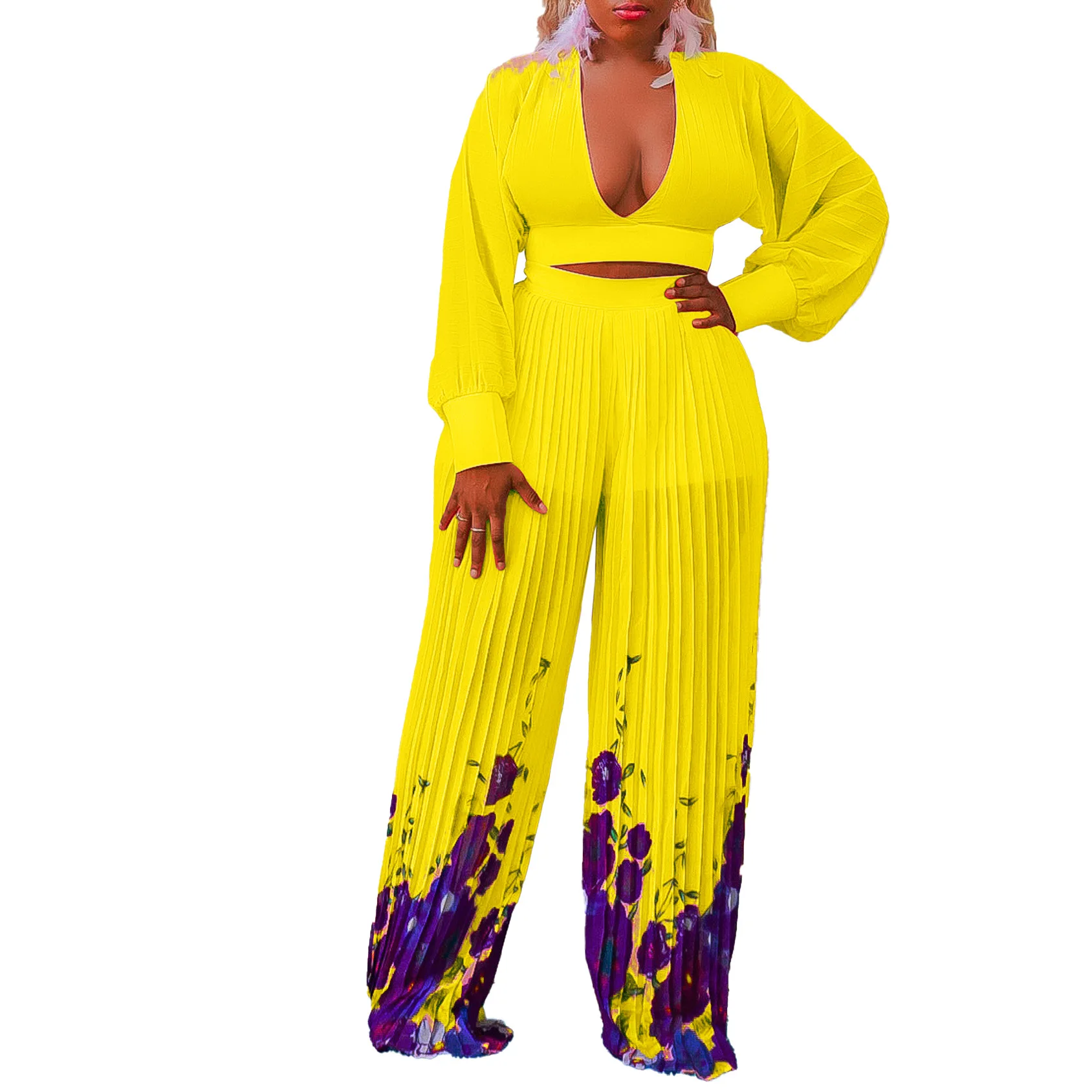 

Комплект из двух предметов для женщин, элегантная одежда в африканском стиле с длинным рукавом и V-образным вырезом, топ с принтом и брюки, подходящие комплекты, африканская одежда, весна 2024