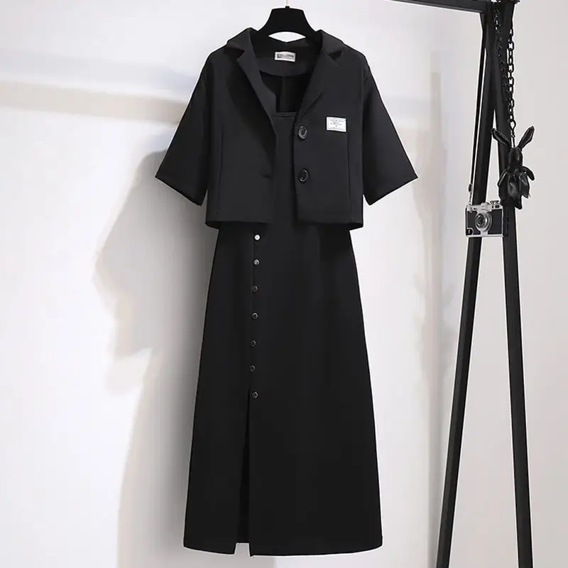 Women's Set Spring/Summer New Korean Edition Style Slim Small Suit Top with Hanging Strap Dress Two Piece Set