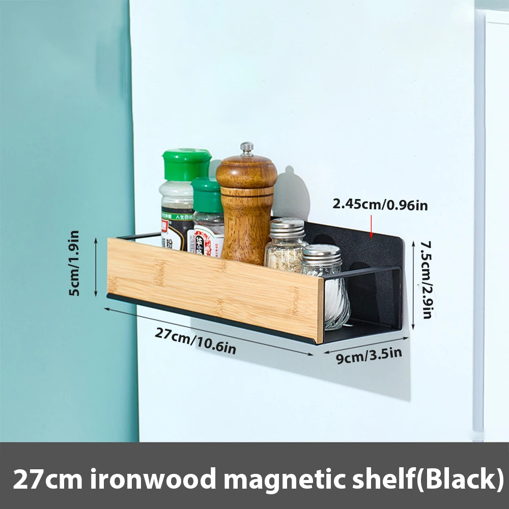 Magnetic Fridge Shelf Spice Storage Rack Black Iron Space Saving for Cabinet on The Side of Refrigerator Kitchen Organizer Shelf