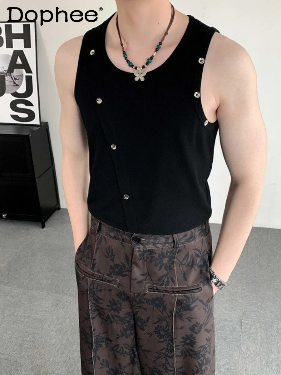 

2024 Summer Fashion Vests Men's Irregular Handsome Slim-Fitting Stretch Vest Trendy Male Sleeveless Round Neck Tank Tops