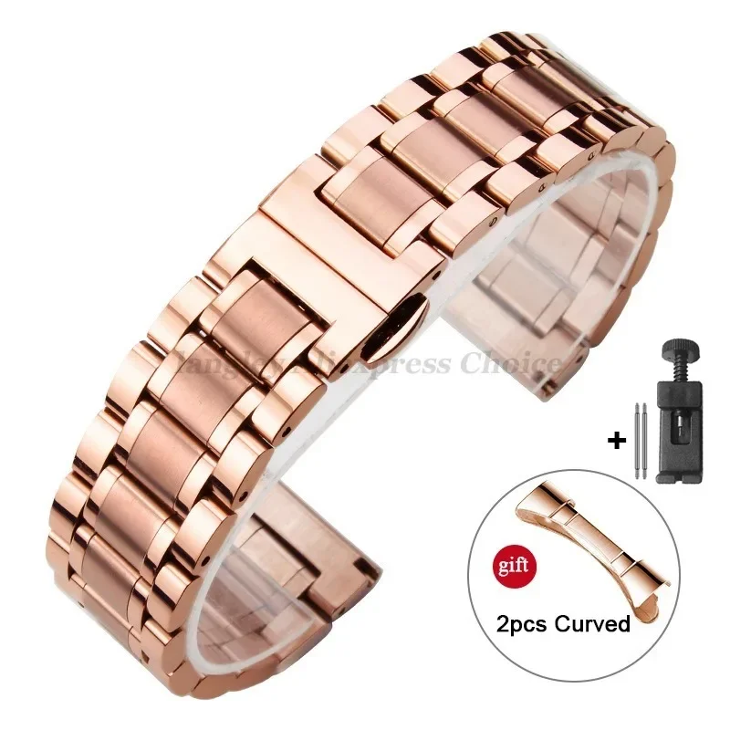 Premium Curved End Solid Stainless Steel Watch Strap with Butterfly Clasp
