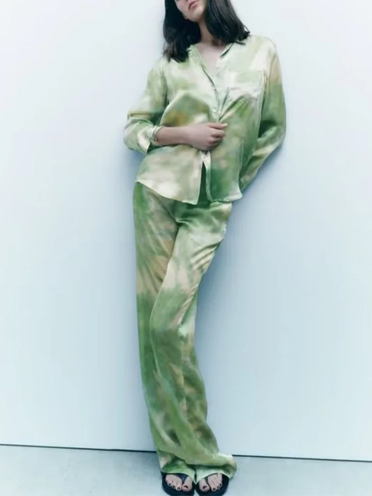 

Новинка, женское летнее платье, свободная атласная рубашка-поло с длинным рукавом и воротником-стойкой + домашние прямые широкие брюки с поясом