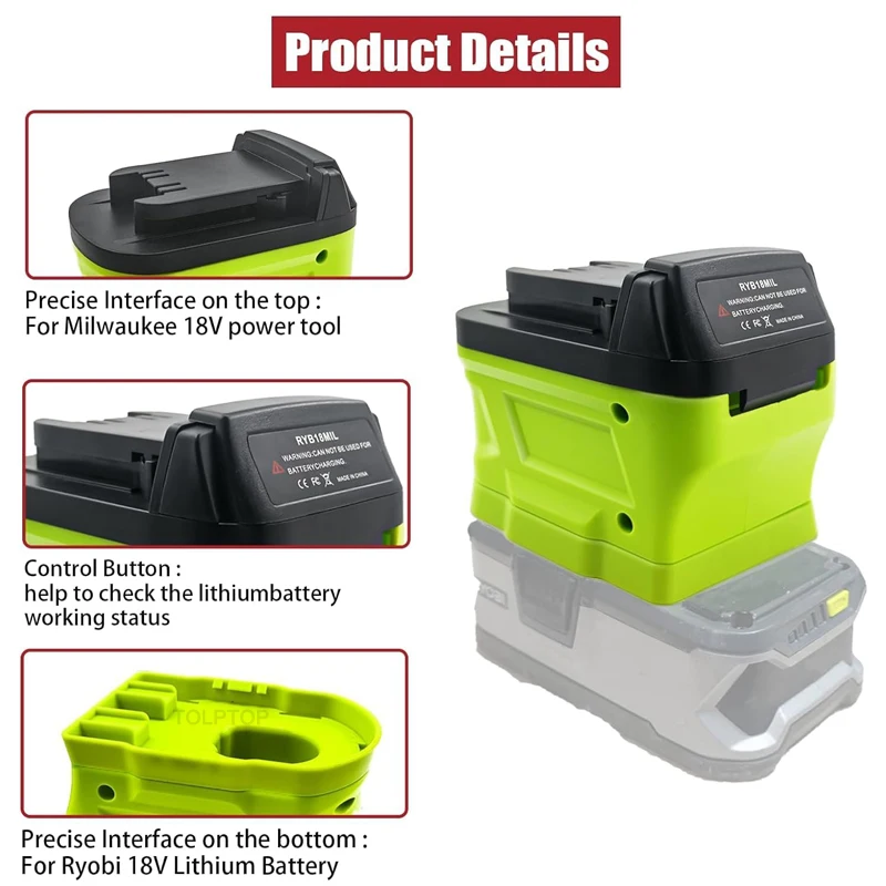 Adapter To Use Ryobi 18V Battery On Milwaukee M18 Tools – Lithium-Ion (Battery Not Included)