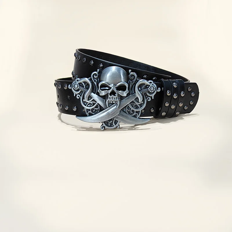 Unisex Designer Gürtel für Frauen und Männer Hohe Qualität Luxus Marke Punk Schwarz Niet Jeans Gürtel Schädel Wolf Schnalle Gothic Bund – Detail 11