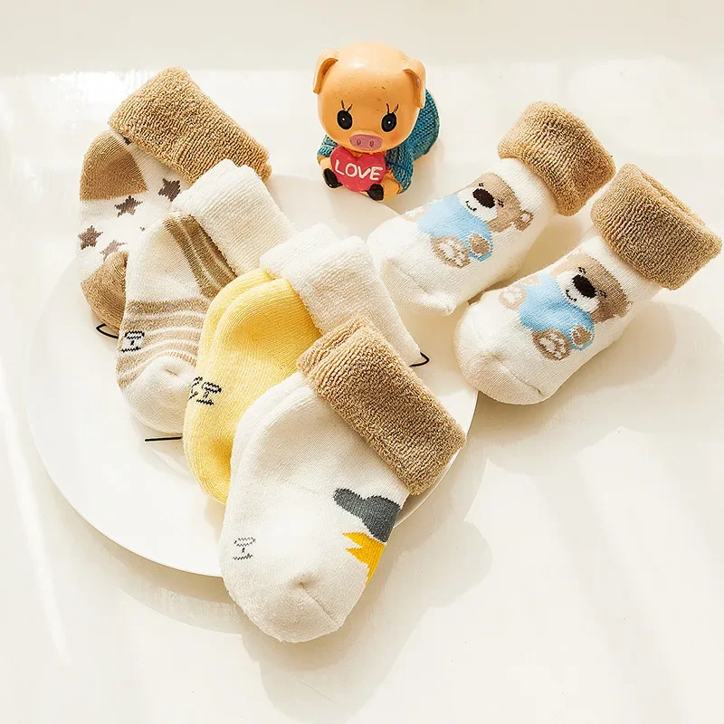 5 Pairs Autumn Winter Warm Strip Baby Sock Cute Cartoon Dot Thick Infant Floor Sock Soft Star Pattern Newborn Toddler Sock Baby & Maternity