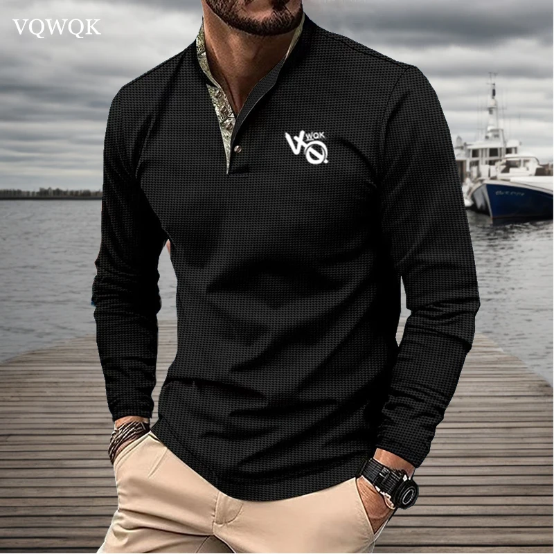 

VQwqk Summer men's polo shirt Long sleeve Henry double collar Polo shirt men's casual Polo shirt Europe and the United States pl