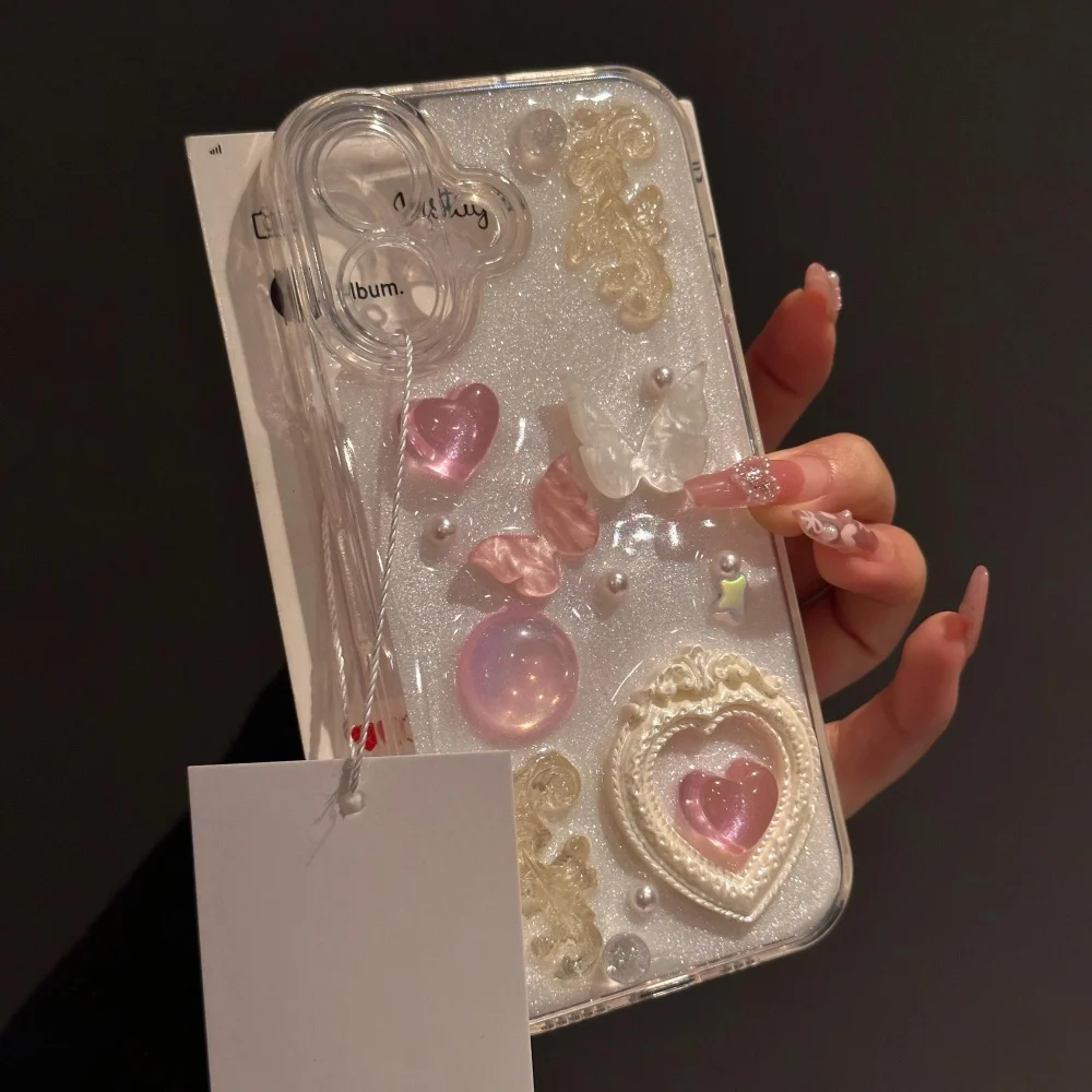 Charming 3D Butterfly Heart Epoxy Phone Case with Luxurious Lens Protection