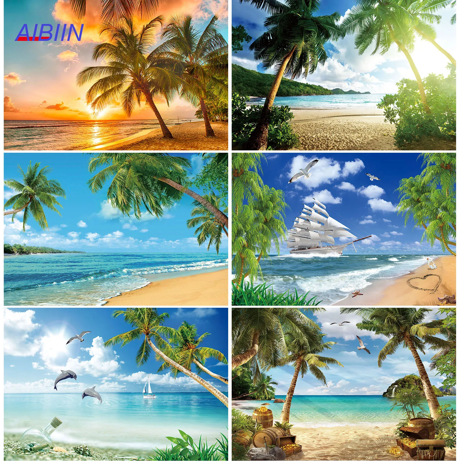 

AIBIIN Blue Ocean Beach Backdrop Sunset Tropical Palm Tree Wave Sand Background Party Decor Summer Holiday Photography Props